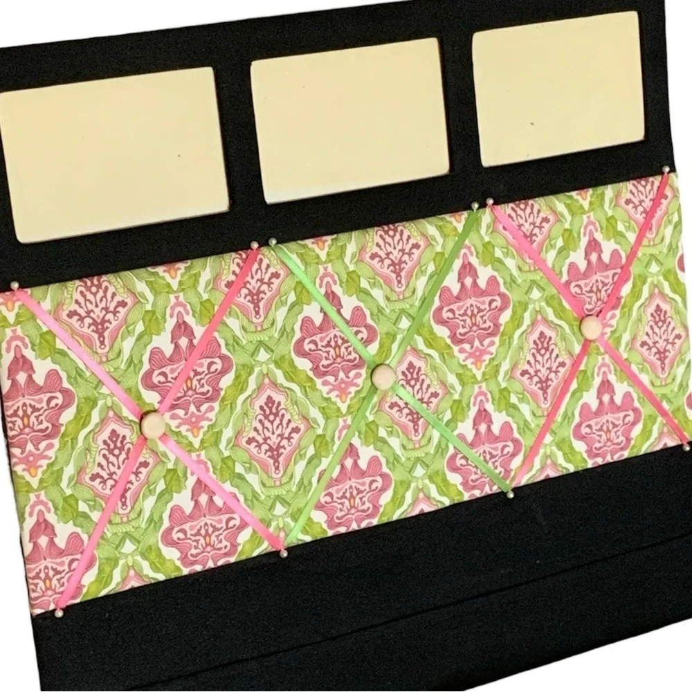 Pink and Green Damask Fabric Memory/Memo Photo Bulletin Board, [18”x20”] Custom